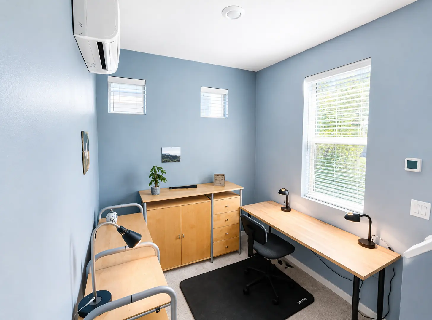 Dedicated work space with dual desks