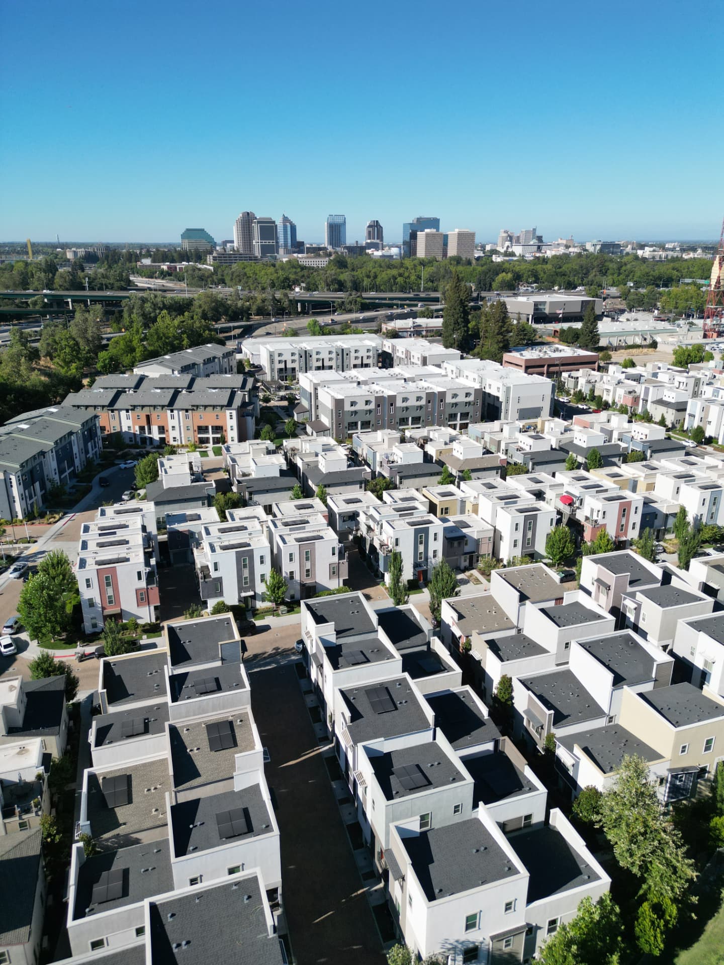 Aerial view of The Mill at Broadway with the downtown Sacramento skyline